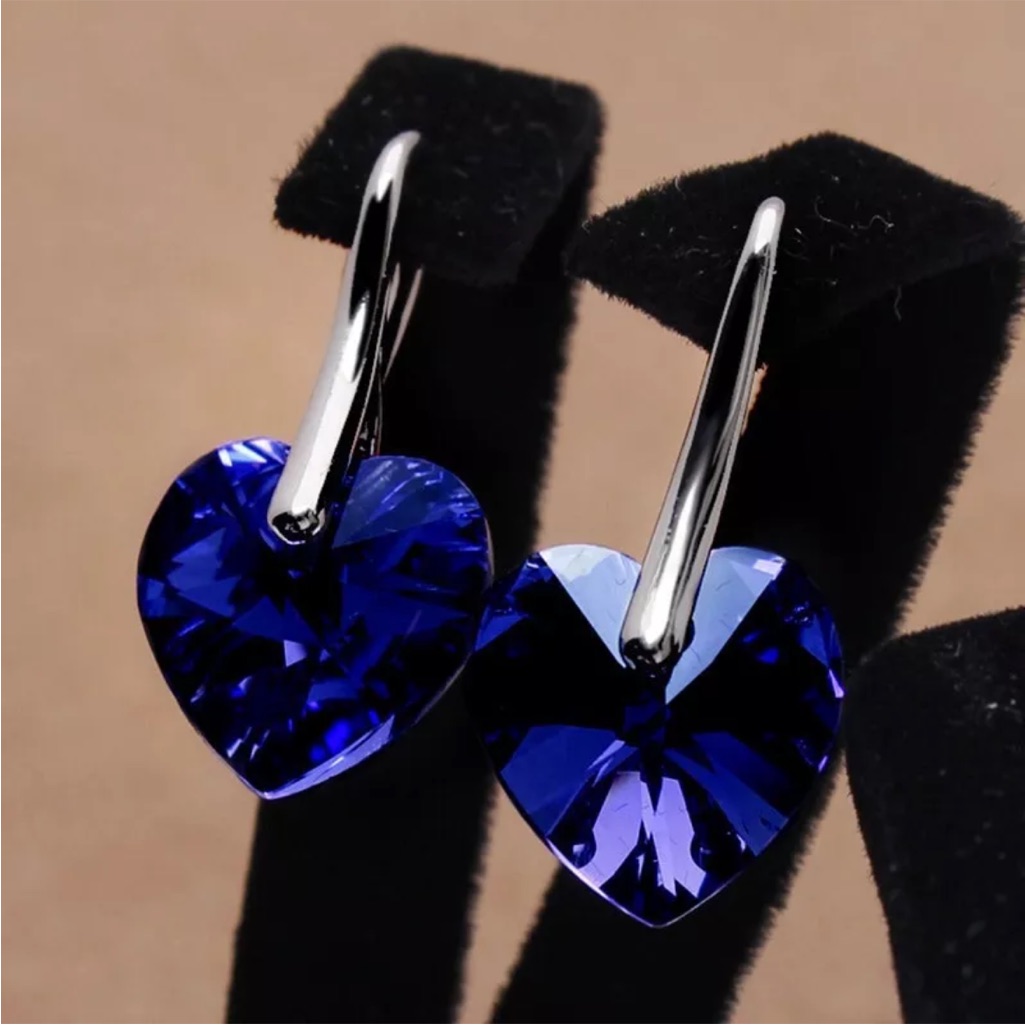 Navy Blue Small Heart Crystal Earrings New